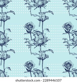 Vector seamless pattern with rose flowers. Hand drawn floral repeat ornament of blossoms in sketch style. Usable for wrapping paper, covers, textile.