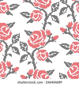 Vector seamless pattern with rose flowers. Traditional elements of Ukrainian embroidery in red and black colors. Stylized embroidery made with circles