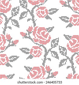 Vector seamless pattern with rose flowers. Traditional elements of Ukrainian embroidery in red and black colors. Embroidery imitation with dotted fillings