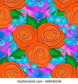 Vector seamless pattern with rose flowers and green leaves on a violet background. Watercolor floral background. Textile print for bed linen, jacket, package design, fabric and fashion concepts.