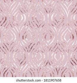 Vector seamless pattern. Rose gold feather peacock. Roses golden foil. Pink background geometric line pastel color. Delicate marble texture. Soft sparkle. Elegant abstract design gift wrappers, prints