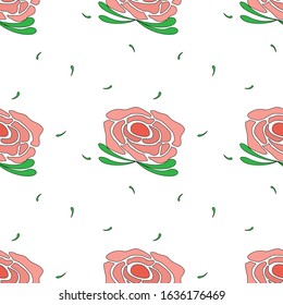 Vector - Seamless pattern of rose and green leaves on white background. Can be use for wallpaper, sticker, fabric, print, paper.