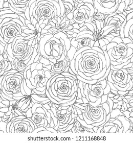 Vector seamless pattern with rose, lily, peony and chrysanthemum flowers line art on the white background. Hand drawn floral repeat ornament of blossoms in sketch style. Usable for coloring books.