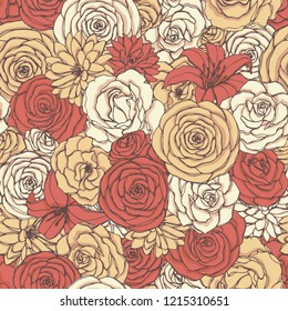 Vector seamless pattern with rose, lily, peony and chrysanthemum flowers of red, yellow and white colors. Hand drawn floral repeat background of blossoms in retro style. For covers, wrapping paper