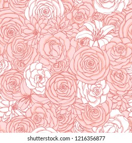 Vector seamless pattern with rose, lily, peony and chrysanthemum flowers of pink and white colors. Hand drawn floral repeat background of blossoms in sketch style. For covers, wrapping paper, etc