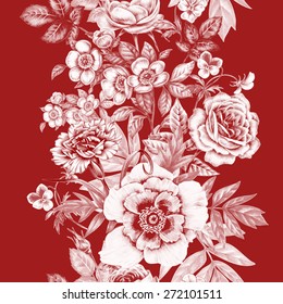 Vector seamless pattern. Rose, peony, carnations, pansies. Design for fabrics, textiles, paper, wallpaper, web. Vintage. Floral ornament. 