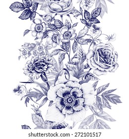 Vector seamless pattern. Rose, peony, carnations, pansies. Design for fabrics, textiles, paper, wallpaper, web. Vintage. Floral ornament. Black and white.