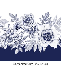 Vector seamless pattern. Rose, peony, carnations, pansies. Design for fabrics, textiles, paper, wallpaper, web. Vintage. Floral ornament. Black and white.