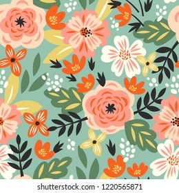 Vector seamless pattern with roses and abstract flowers in vintage style for fabric
