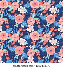 Vector seamless pattern with roses and abstract flowers in vintage style for fabric
