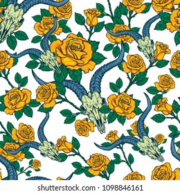Vector seamless pattern with roses and animal stock skulls illustrations in engraving technique.