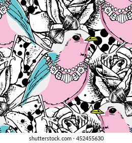 Vector seamless pattern with roses and birds in a bows 2