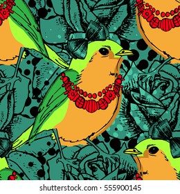 Vector seamless pattern with roses and birds with a bows 2