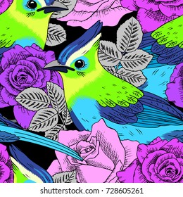 Vector seamless pattern with roses and birds 2