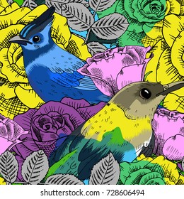 Vector seamless pattern with roses and birds 2
