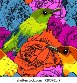 Vector seamless pattern with roses and birds 3