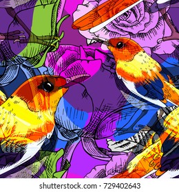 Vector seamless pattern with roses and birds 1