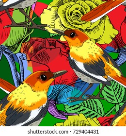Vector seamless pattern with roses and birds 3