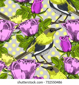 Vector seamless pattern with roses and birds 1