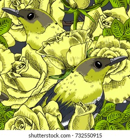 Vector seamless pattern with roses and birds 8