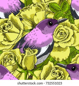 Vector seamless pattern with roses and birds 7