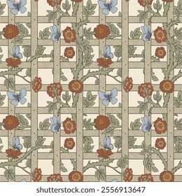 Vector seamless pattern with roses and butterflies in the style of William Morris, featuring intricate floral vines on a soft beige background. Ideal for textiles, wallpapers, and vintage-inspired des