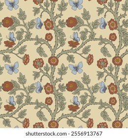 Vector seamless pattern with roses and butterflies in the style of William Morris, featuring intricate floral vines on a soft beige background. Ideal for textiles, wallpapers, and vintage-inspired des