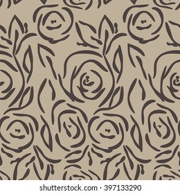 Vector seamless pattern with roses. Contour flowers. Grey background