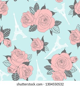 Vector seamless pattern. Roses and Eiffel tower. Design for wallpaper,fabric, textile, wrapping