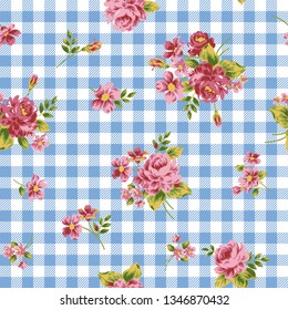 Vector Seamless pattern with roses and gingham check. vector background.Cute seamless textile illustration.