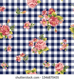Vector Seamless pattern with roses and gingham check. vector background.Cute seamless textile illustration.