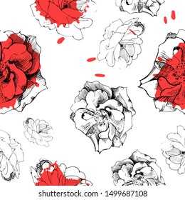 Vector seamless pattern of roses, graphic drawing ink and pen.