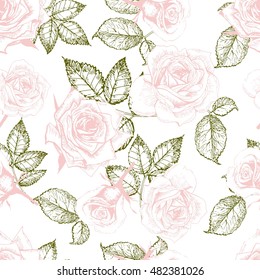 Vector seamless pattern of roses. Hand drawn engraved vintage illustration. Good for wrapping paper, shop, textile, greeting card, design, fashion, celebration. Floral background.