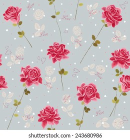 Vector seamless pattern with roses and hearts