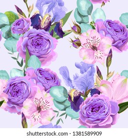 Vector seamless pattern with roses and iris