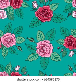 vector seamless pattern of roses with leaves. EPS