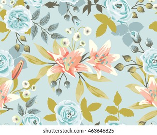 Vector seamless pattern with the roses and the lilies in the cute colors
