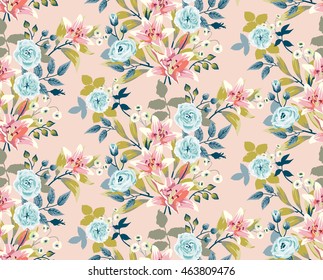 Vector seamless pattern with the roses and the lilies in the cute colors
