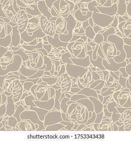 Vector seamless pattern with roses. Lineart on biege