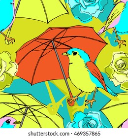 Vector seamless pattern with roses, orange umbrellas and birds.
