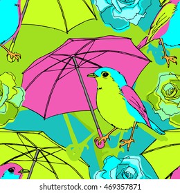 Vector seamless pattern with roses, pink umbrellas and birds.