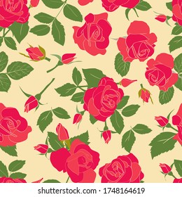 vector seamless pattern with roses and rosebuds. Pink, green, light yellow