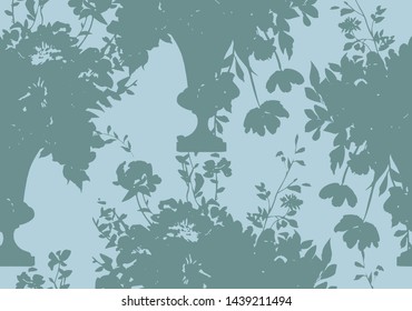 Vector seamless pattern with roses silhouettes. Hand drawn bunch of opulent blooming roses in antique vase. Flat background with flower buds in vintage style. Ornament for textile and fabric.