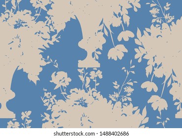 Vector seamless pattern with roses silhouettes. Hand drawn bunch of opulent blooming roses in antique vase. Flat background with flower buds in vintage style. Ornament for textile and fabric.