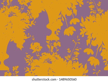 Vector seamless pattern with roses silhouettes. Hand drawn bunch of opulent blooming roses in antique vase. Flat background with flower buds in vintage style. Ornament for textile and fabric.