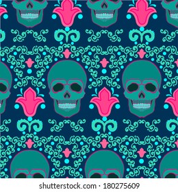 vector seamless pattern with roses and skulls