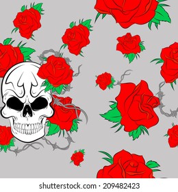 Vector Seamless Pattern with roses and skulls.