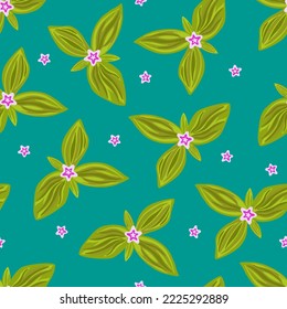 Vector seamless pattern rosette of leaves witn small flower on green background