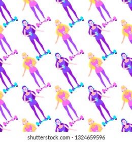 Vector seamless pattern with rotated differently painted girls with headphones, glasses and coffee standing on electric scooter. Isolated on the white background.