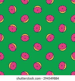 Vector seamless pattern with rotated half citrus fruits, can be interpreted as lemons, grapefruits, oranges etc.